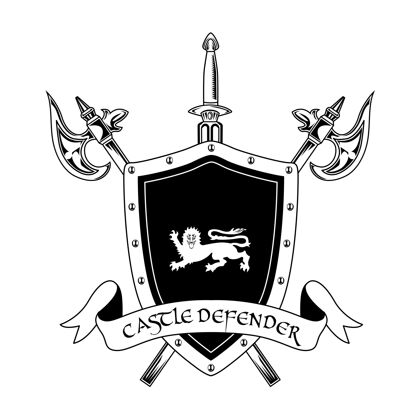 在线中世纪骑士武器矢量插图交叉轴 剑 盾牌和城堡防御者文本守卫和保护概念的徽章或徽章模板战斗运动团队