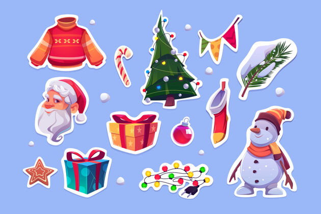 雪人圣诞贴纸与圣诞老人 毛衣 松树和雪人矢量卡通图标集新年装饰 花环 礼品盒 糖果手杖 饼干和圣诞长袜问候语饼干贴纸