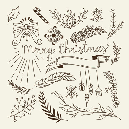 素描冬季圣诞作文集天然树枝 蝴蝶结 糖果 挂玩具和丝带灰色树枝诺埃尔