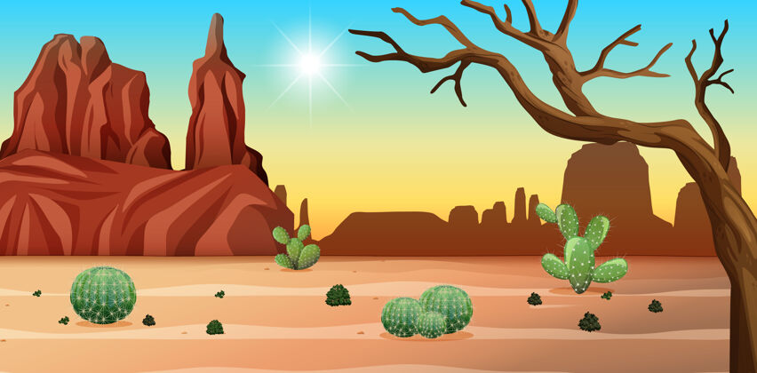树沙漠中有石山和仙人掌景观的白天景色沙漠仙人掌岩石