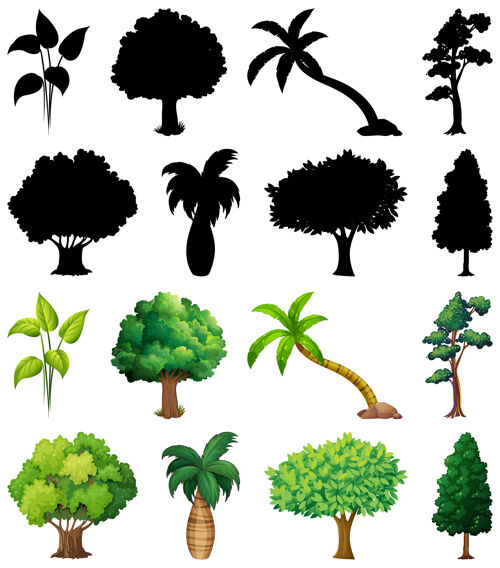 黑色一套植物和树木的轮廓自然剪贴画艺术