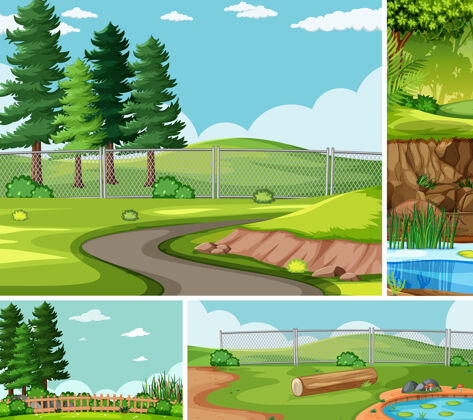个人四个不同的场景在自然设置卡通风格收集围栏设置