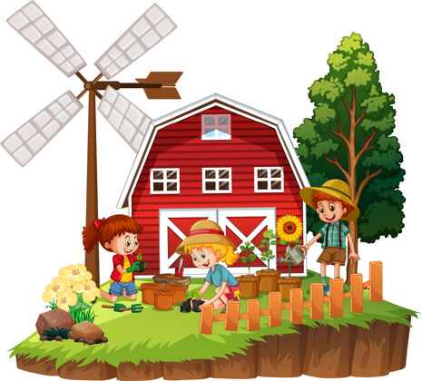 人物儿童种植花卉与红色谷仓在农场的主题风景卡通结构
