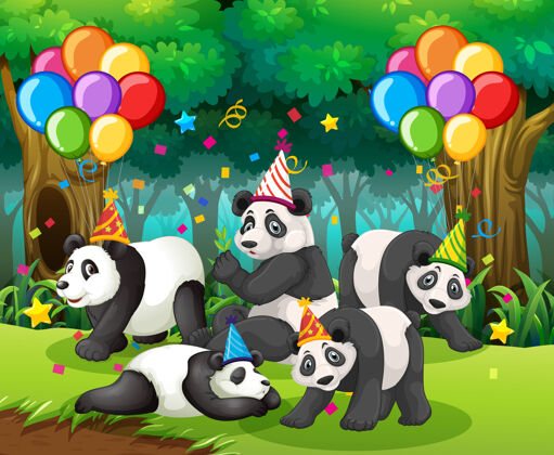 自然熊猫群在森林里的聚会收藏嘉年华庆祝