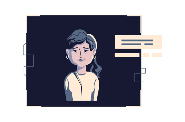 光现代人在休闲服化身 矢量卡通插画与个人的脸和头发 在深蓝色的电脑上 在光数码框的女人 图片为网页配置文件头部个人资料插图