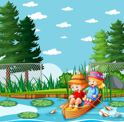 女孩男孩和女孩在自然公园划船卡通孩子男孩