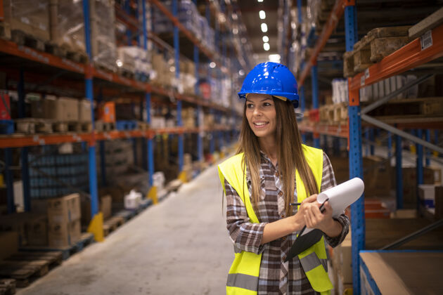 安全穿着防护服的快乐女人的画像检查仓库储藏室的包装和产品库存职业工厂货架